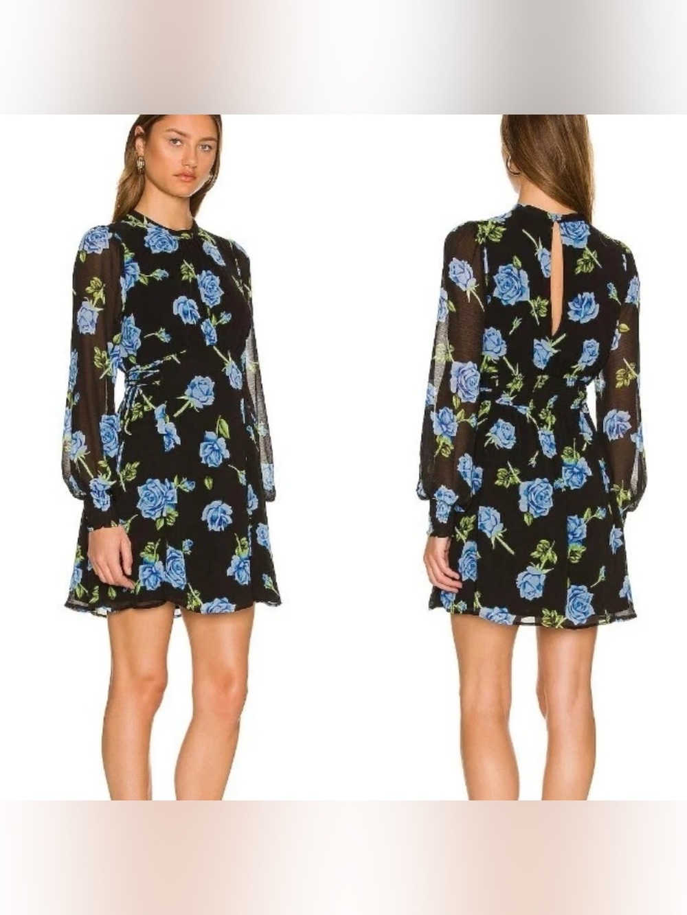 Free People Samantha Lace Up Mini Dress Black Floral Blue Combo Womens Large